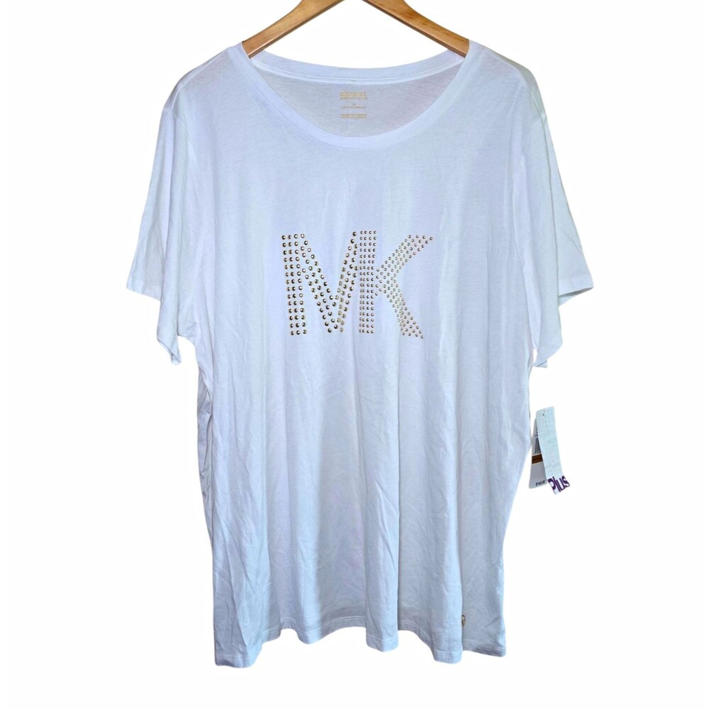 Michael Michael Kors Womens 3X White Studded MK Logo Scoop Neck Tee LS150BX6TF
